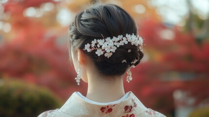 Elegant Japanese Woman in Kimono with Cherry Blossom Hairpiece