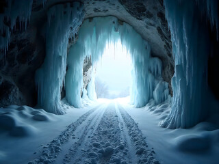 Snowy Road Leading Through Ice Cave with Frozen Waterfalls in Winter