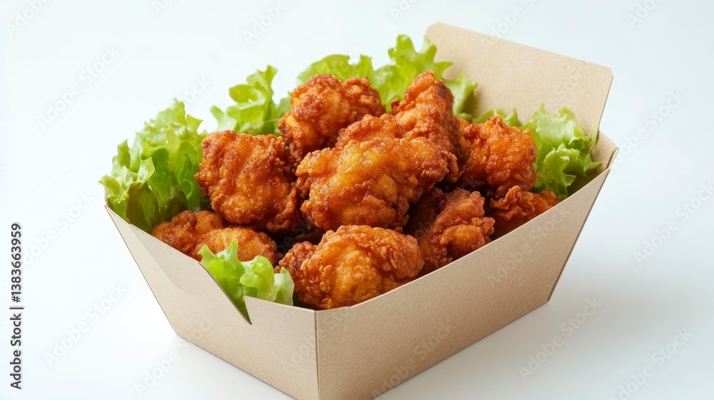 Poster Crispy fried chicken nuggets in a cardboard box with lettuce.