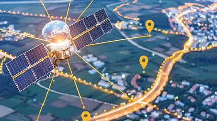 A Satellite Transmitting Data Signals Above A City And Landscape