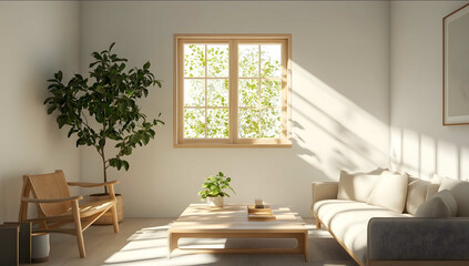 A simple and elegant living room with light wood furniture a beige sofa a coffee table white walls a window with a wooden frame an indoor plant in the corner of the