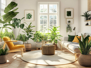 photo real picture of living room with lots of plants