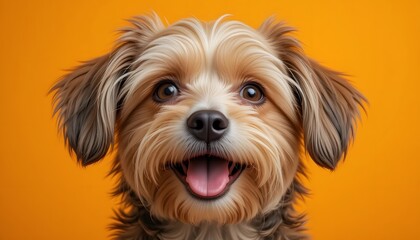 Light-Furred Dog Smiling Against Bright Orange Background