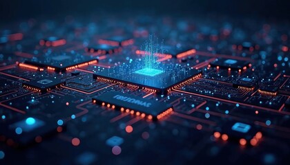 Futuristic Digital Circuit Board with Glowing Microchips and Data Streams in a Tech Environment