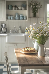 A bright English country kitchen with white cabinetry a butlers sink and open shelving filled with colorful crockery A wooden table in the center holds a freshly bak