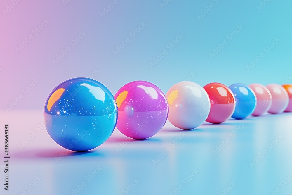 Poster a vibrant array of colorful spheres aligned on a smooth surface, reflecting light, creating a modern