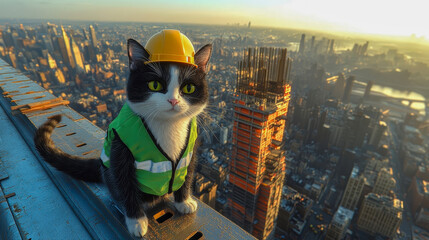 A black and white cat in a green vest and yellow helmet stands on a metal beam and watches the construction site