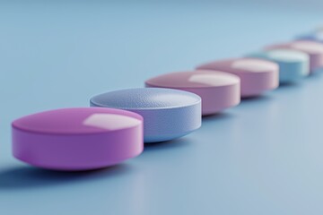 Close-up shot of a row of colorful round pills or tablets on a pastel blue surface, illustrating medication, treatment, or healthcare concepts, 3D rendering.