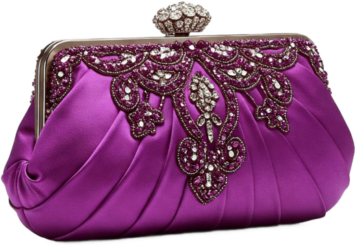 Purple satin clutch embellished with crystals, isolated on a transparent background, showcasing elegance and luxury, perfect for fashion or event design png image