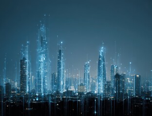 City Skyline of Tomorrow: A futuristic cityscape illuminated by a network of digital connections, depicting innovation and technological advancement in the urban environment. 