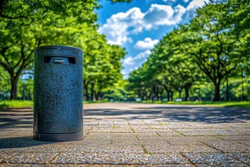 A metallic trash can stands against a backdrop of lush greenery, clear skies and puffy clouds, in an urban park, promoting environmental awareness and cleanliness.