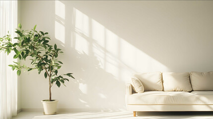A simple and clean room with white walls green potted plants and a beige sofa minimalist natural light DSLR camera 35mm lens morning light bright and airy photograp