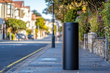 Sleek black cylindrical object on a patterned sidewalk by a quiet residential street, featuring a blurry background of houses and lush greenery in soft daylight.