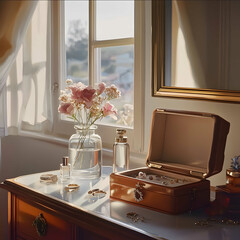 Jewellery box on a dressing table sunlight coming in through the window flowers on top of a clear bottle aromatherapy on the table scattered rings and earrings a cup