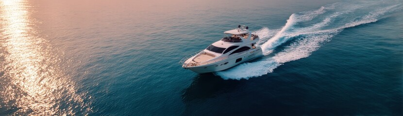 Naklejka premium Luxury Yacht on the Sea: A sleek, elegant motor yacht slices through the tranquil sea, leaving a frothy wake against a backdrop of a shimmering sky, embodying travel and upscale lifestyle.