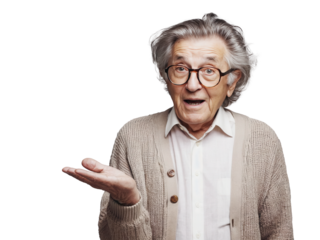 Ausdrucksstarker älterer Mann mit Brille und Handgeste PNG mit transparentem Hintergrund

