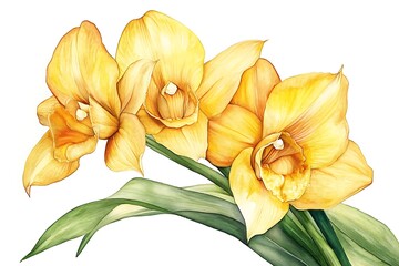 Yellow Orchids & Calla Lilies &ndash; Botanical Watercolor Illustration with Tropical Flowers