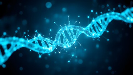 Digital representation of a blue DNA helix showcasing genetic structure and molecular connections, highlighting the intersection of science and technology in biological research.  