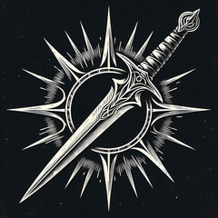 Stylized ornate sword within a radiant sunburst on black background