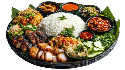 A colorful platter of delicious Asian cuisine with rice and various side dishes.