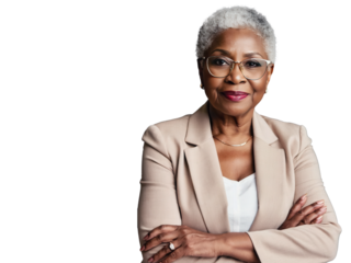 Selbstbewusste ältere Businessfrau mit Brille im Anzug PNG mit transparentem Hintergrund

