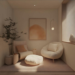 small room soft seating warm lighting carpet comfy chair neutral colors natrual materials daylight