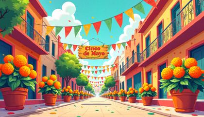 Vibrant Cinco de Mayo street scene adorned with colorful papel picado banners and blooming marigold flowers in clay pots, joyful celebration concept.