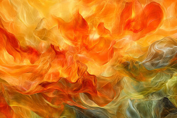Obraz premium A breathtaking abstract digital artwork of flowing flames in vibrant orange and yellow hues with a swirling inferno effect in a dynamic horizontal design
