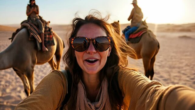 Smiling woman taking selfie in desert with camels at sunset during exciting travel adventure experience