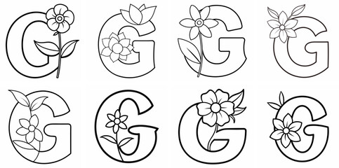 Alphabet G with Flower Outline Coloring Book Page Line Art Drawing Set White Background