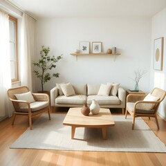 Japandi modern style living room with natural wood, woven textures, and minimalist decor in soft neutrals, creating a bright and serene atmosphere