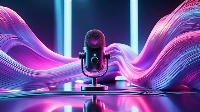 Black microphone on stand with vibrant purple and pink wave patterns and neon lights on reflective surface, modern music studio setup