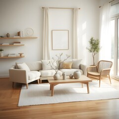 Japandi modern style living room with natural wood, woven textures, and minimalist decor in soft neutrals, creating a bright and serene atmosphere