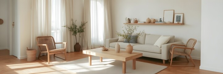 Japandi modern style living room with natural wood, woven textures, and minimalist decor in soft neutrals, creating a bright and serene atmosphere