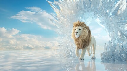 A majestic lion emerges through a shimmering ice portal in a surreal landscape.