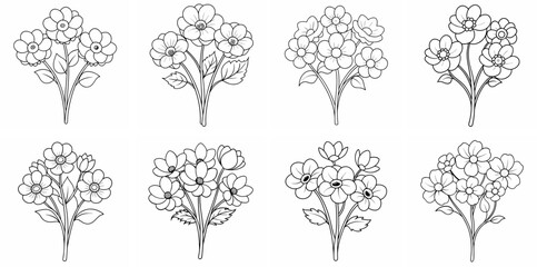Anemone Flower Bouquet Outline Coloring Book Page Line Art Drawing Set White Background