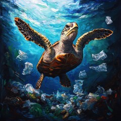 Obraz premium A sea turtle swimming through water filled with plastic waste, showing environmental concern.