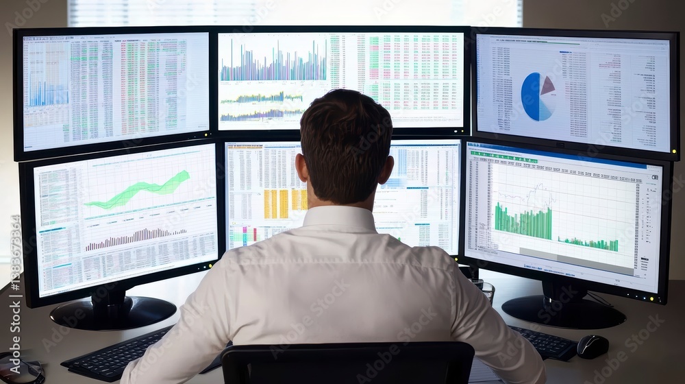 Aufkleber Man analyzing financial data on multiple computer screens.