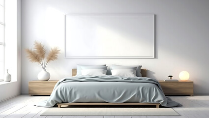 Minimalist bedroom decor with abstract artwork, a soft-toned bed, and sculptural bedside accessories in organic shapes. minimalist modern bedroom with white walls
