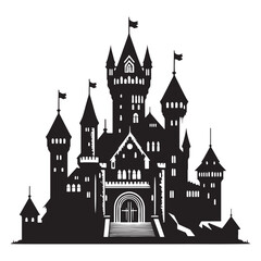 Obraz premium Monumental Medieval Castle silhouette, showcasing the immense scale and fortified architecture – Castle illustration – Castle vector – Monumental fortress silhouette