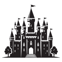 Obraz premium Royal Medieval Castle silhouette, showcasing towering turrets and majestic stonework – Castle illustration – Castle vector – Royal fortress silhouette