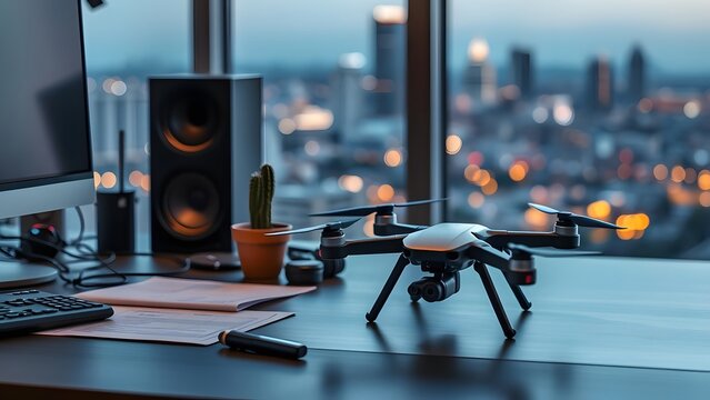 Modern workspace featuring a drone on a desk with a city view at night.  
