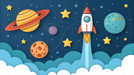 Rocket launching into space with planets and stars