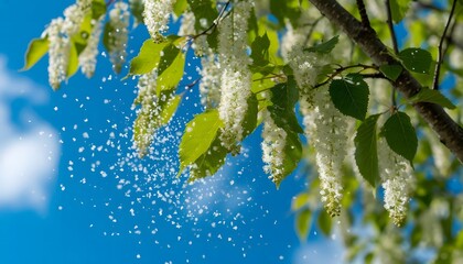 pollen flies from flowering birch branches from small white flowers against the blue sky allergic reaction