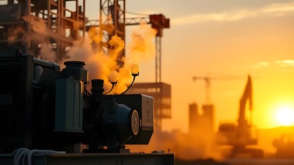 Industrial machinery silhouetted against a vibrant sunset at a construction site.   