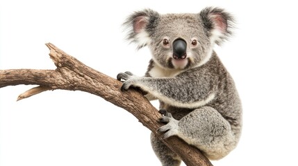 Fototapeta premium Cute Koala Perched on Branch Isolated on White Background
