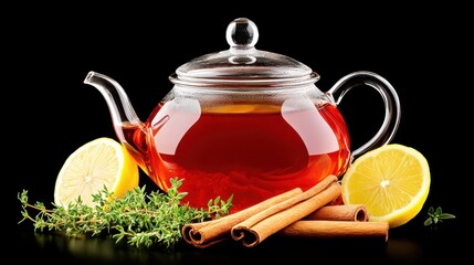 Aromatic Tea Moment: A captivating visual featuring a glass teapot brimming with a steaming tea alongside inviting ingredients. Capture the warm, comforting essence of a relaxing tea session.