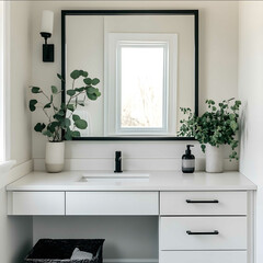 White bathroom dressing table black hardware generous square mirror corner green plants American family modern minimalist style bright window light wideangle lens Ca
