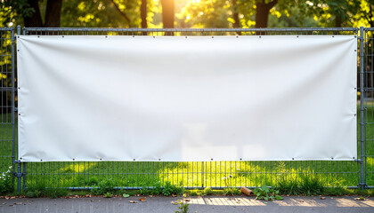Blank vinyl banner mockup hanging on fence in park, promotional display