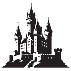 Obraz premium Majestic Medieval Castle silhouette, showcasing grand towers and stone walls – Castle illustration – Castle vector – Medieval fortress silhouette